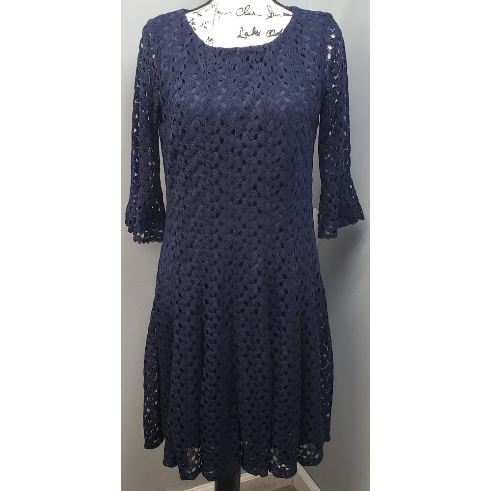 Rabbit Rabbit Rabbit Shift Dress Womens 10P Navy Blue Crochet Lace Overlay Lined